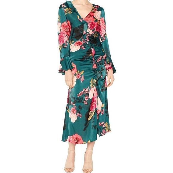 Misa Santana Midi Dress Wrap Crepe Chiffon Long Sleeve Ruffle Floral Green S - Picture 1 of 5